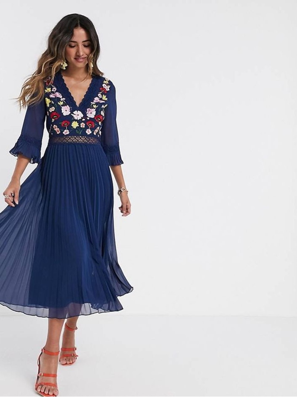 ASOS DESIGN Lace Insert Pleated Midi Dress with Embroidery in Navy Size 12 US